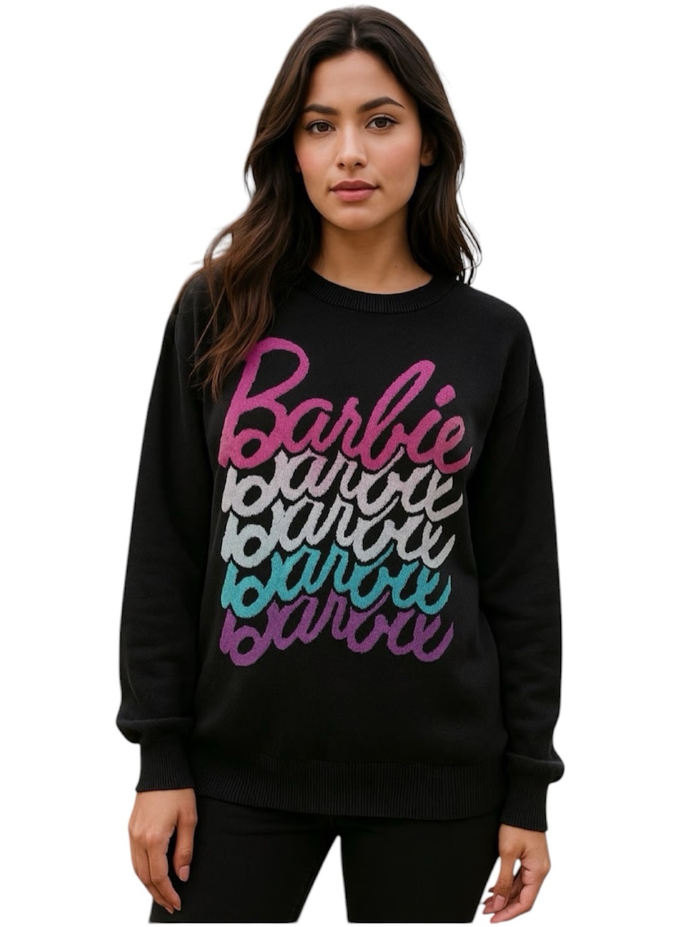 Barbie Black Knit Crewneck Sweater with Multicolored Stacked Logo